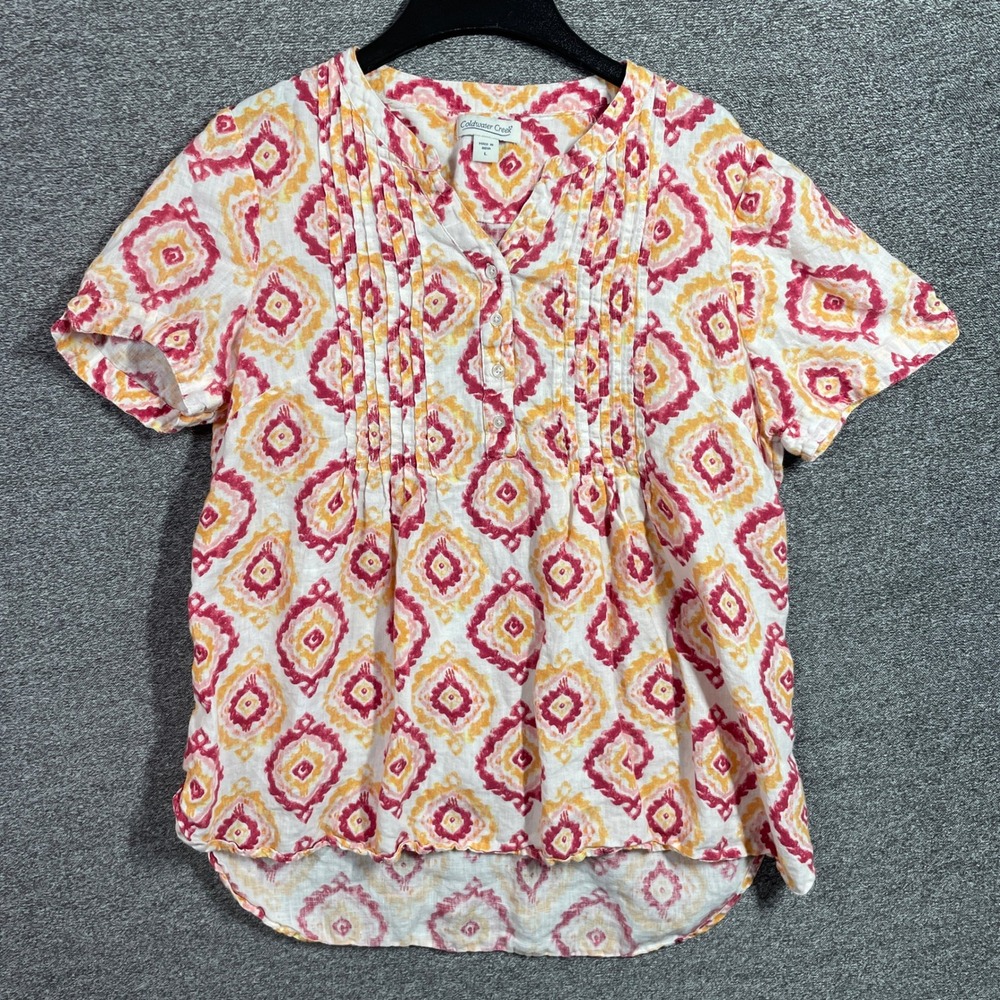 Coldwater Creek Women L Pink Orange Ikat Diamond 100% Linen Pintuck Blouse Top